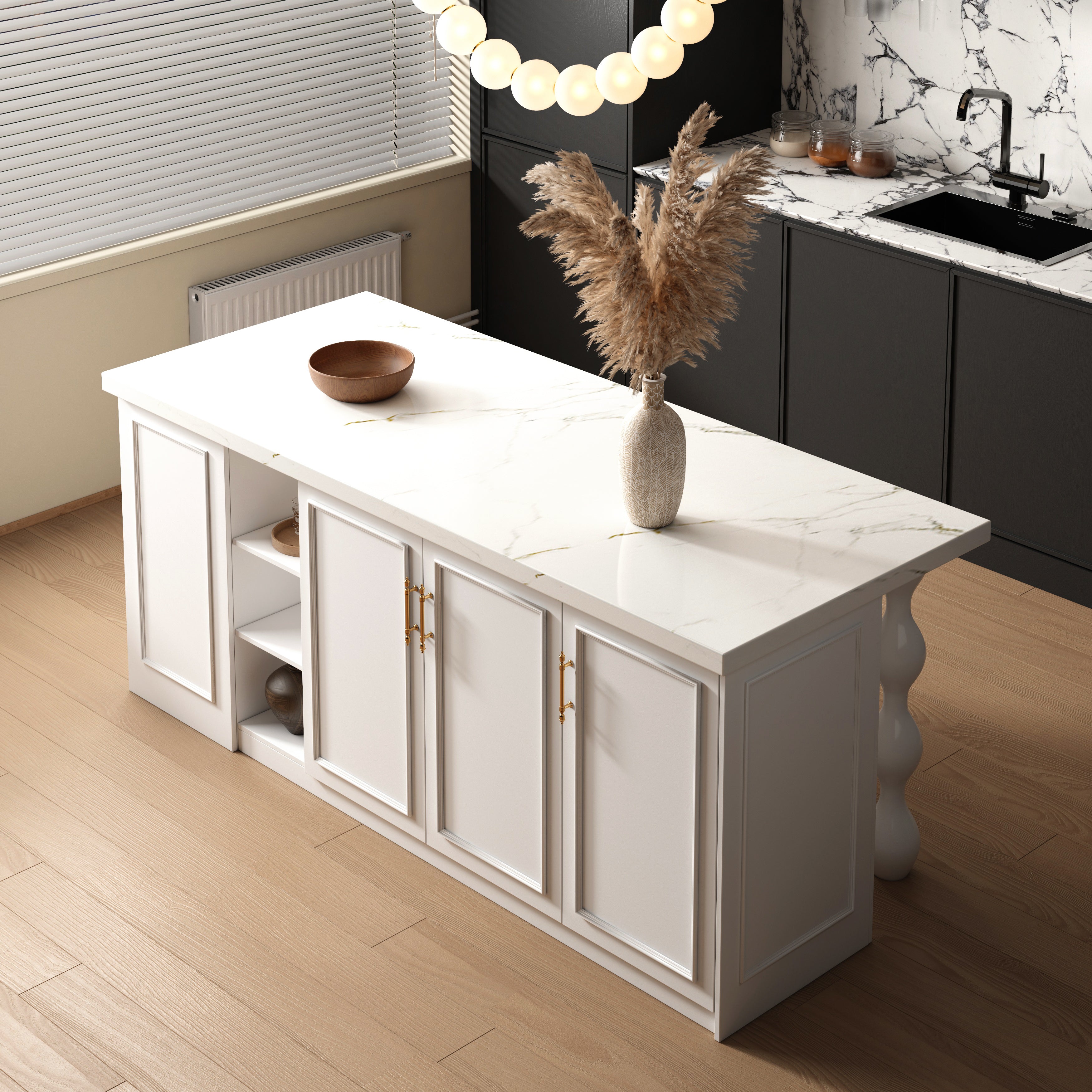 80 Inch Unique Large Kitchen Island with Storage that Seats for Four People.