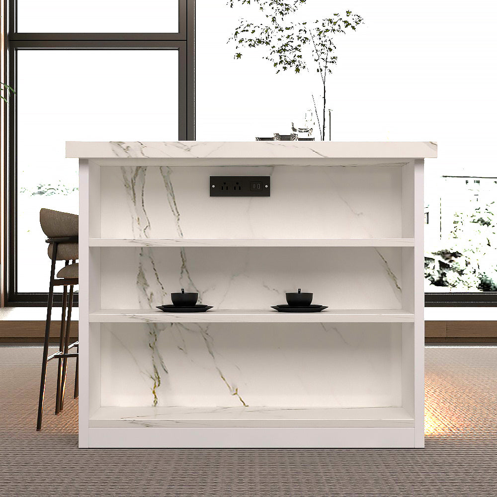 80 inch White Modern Kitchen island with Cabinets ,Bar, Electrical Outlet and Light