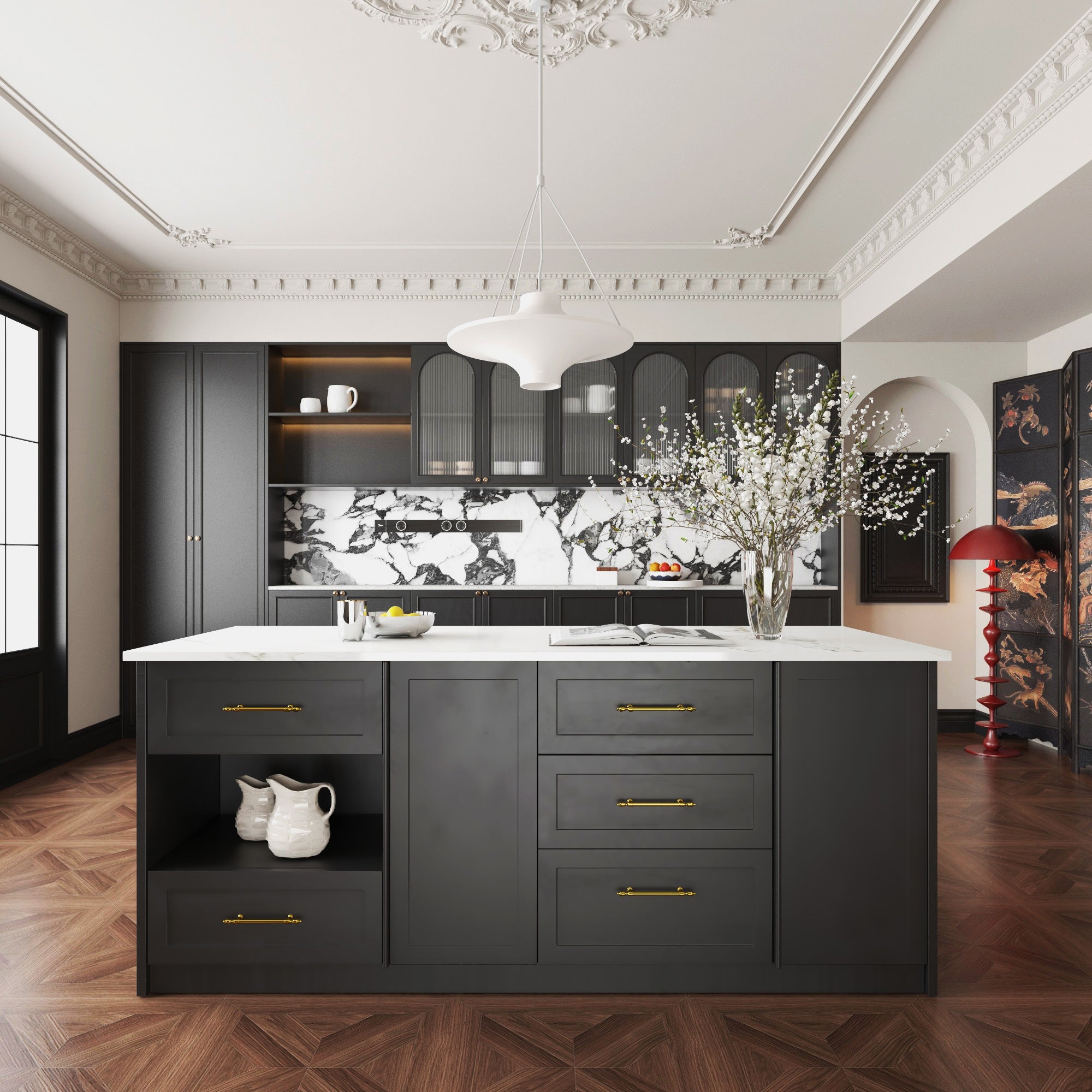 80 inch Large kitchen island with microwave shelf,For French and luxury spaces.