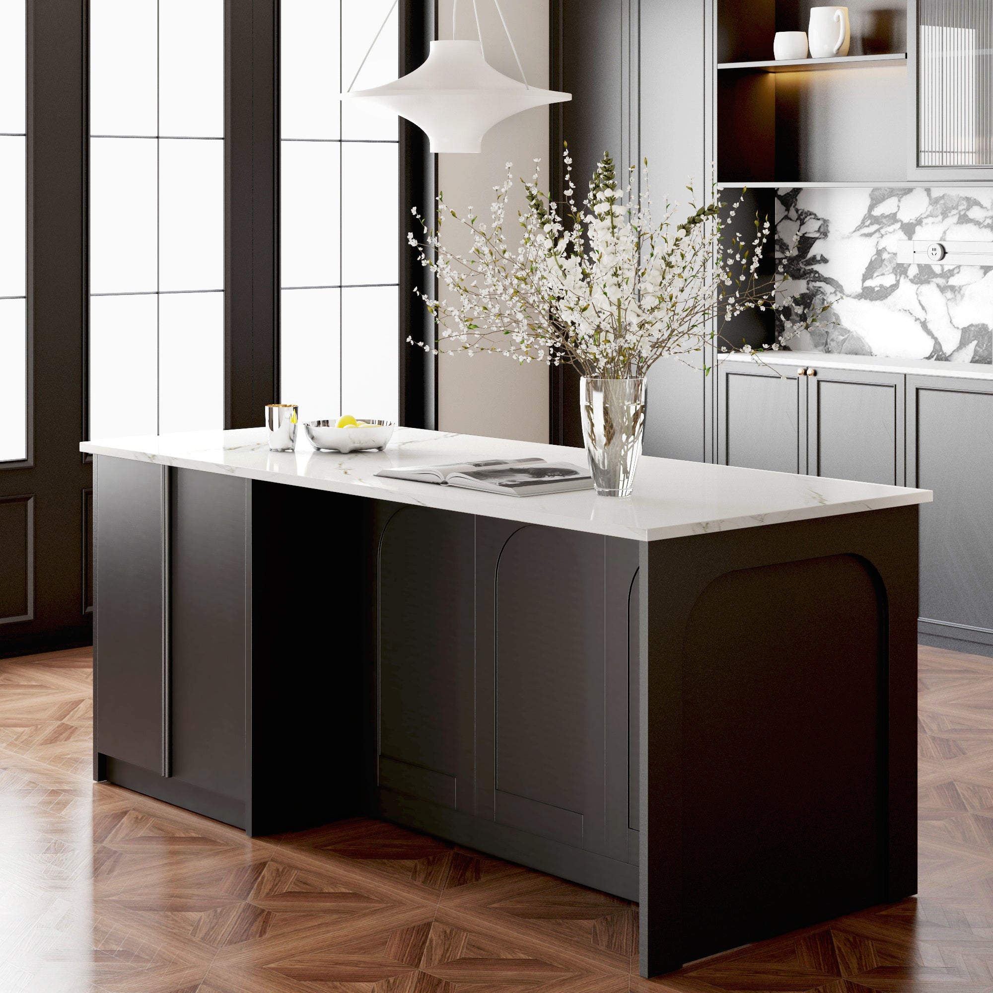 80 inch Large kitchen island with microwave shelf,For French and luxury spaces.