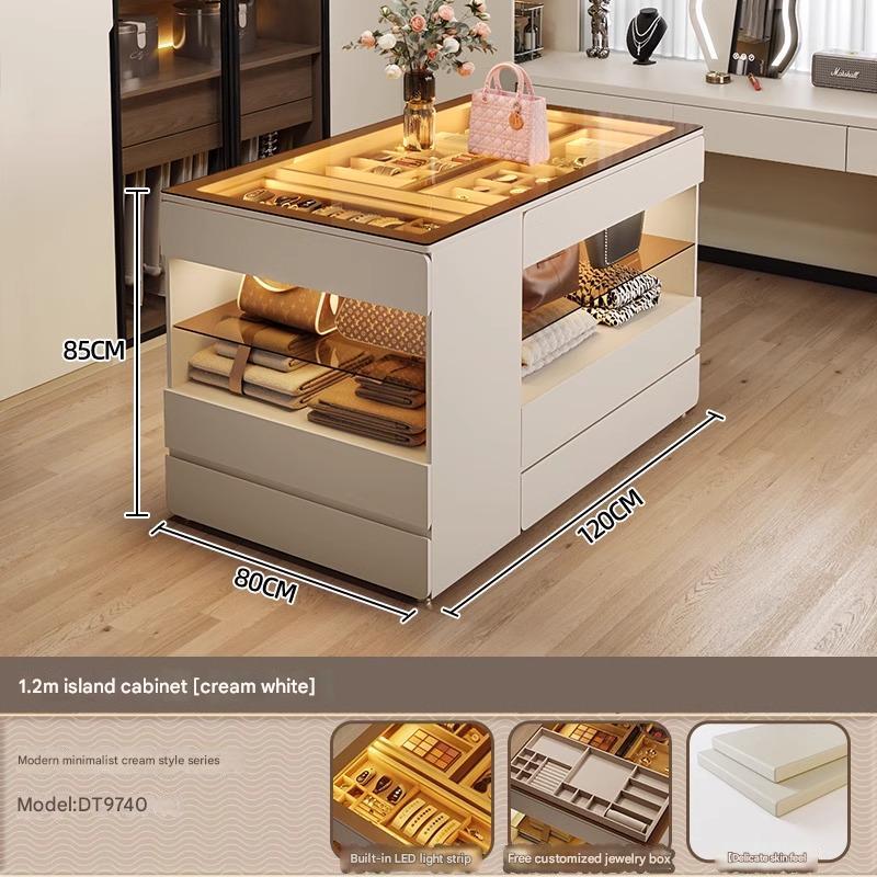 55" Glass Top Modern Dresser Walk-in Closet Island with Jewelry Storage and Light