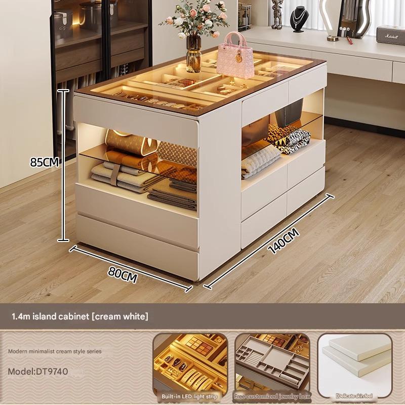 55" Glass Top Modern Dresser Walk-in Closet Island with Jewelry Storage and Light