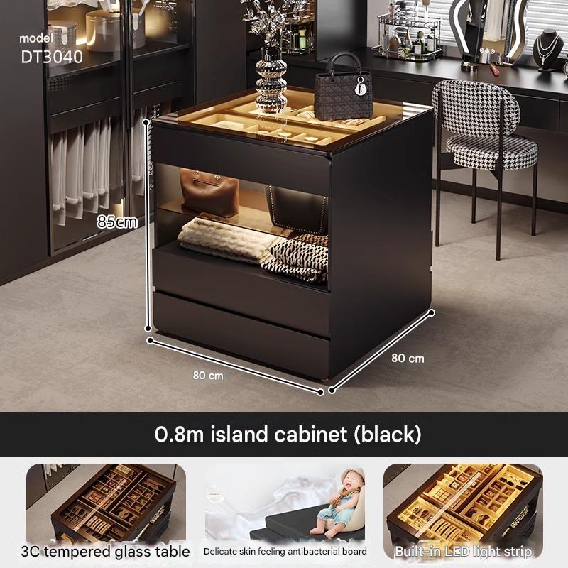 55" Glass Top Modern Dresser Walk-in Closet Island with Jewelry Storage and Light