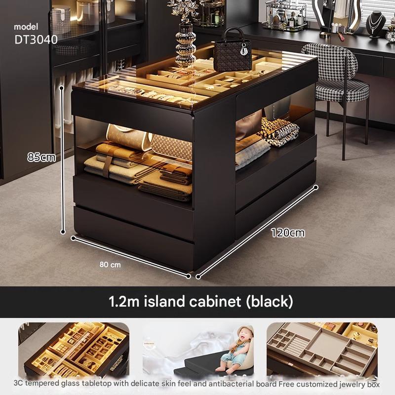 55" Glass Top Modern Dresser Walk-in Closet Island with Jewelry Storage and Light