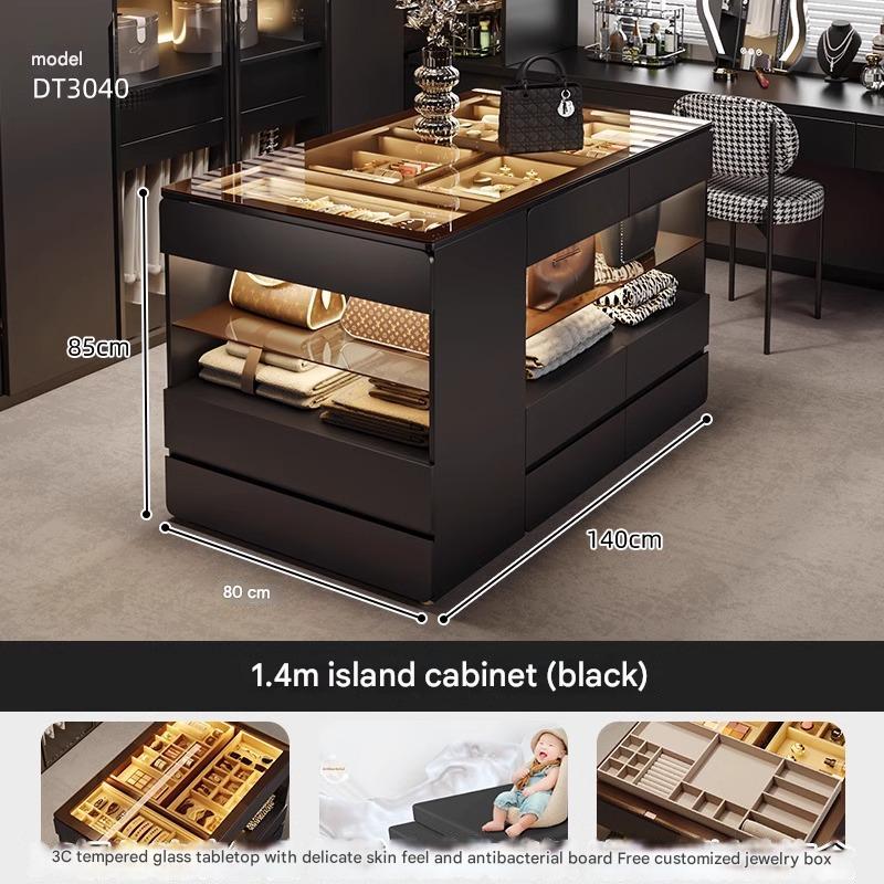 55" Glass Top Modern Dresser Walk-in Closet Island with Jewelry Storage and Light