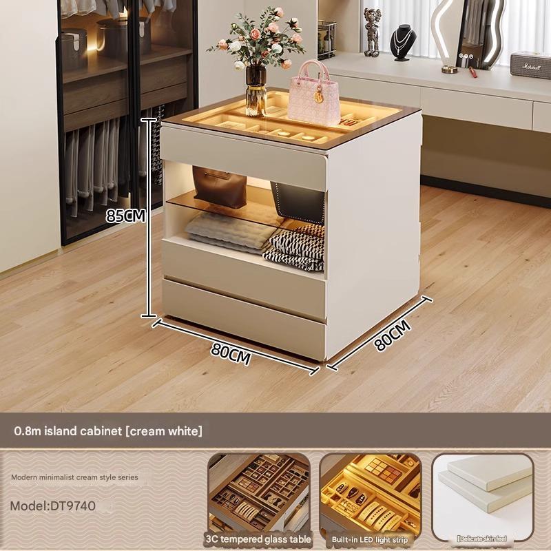 55" Glass Top Modern Dresser Walk-in Closet Island with Jewelry Storage and Light