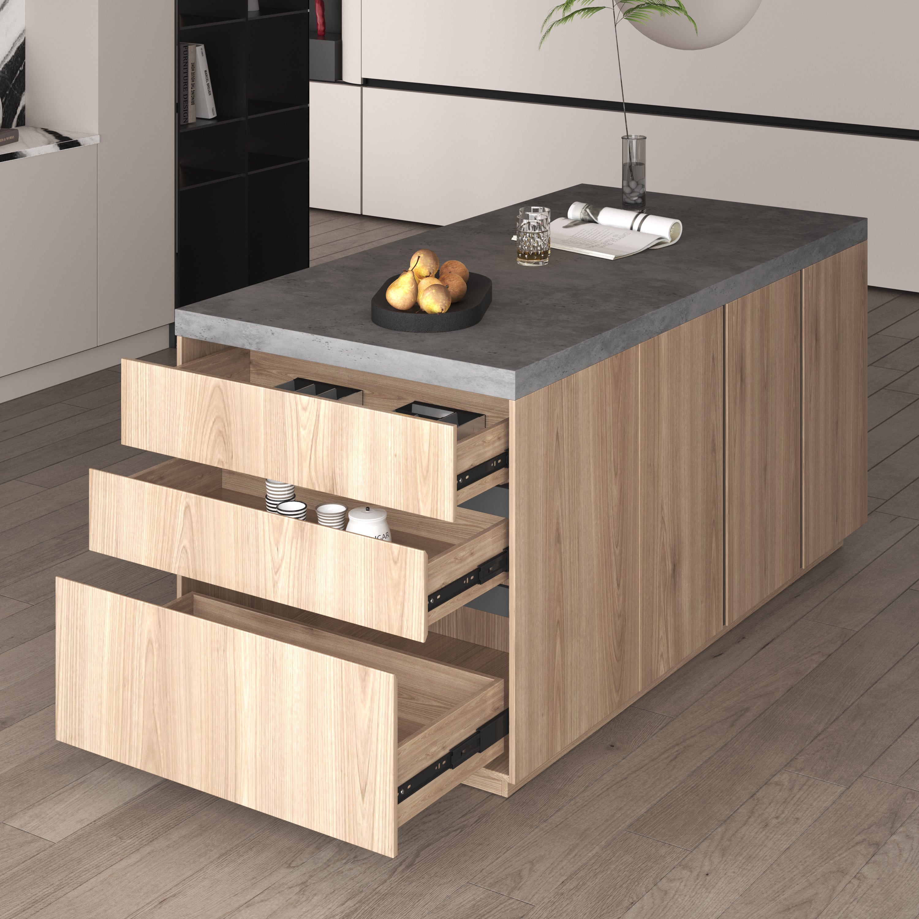 72 Inch Free Standing Kitchen Island with Gray Cement and Wood Finish, Featuring Three tiers and Generous Storage Space