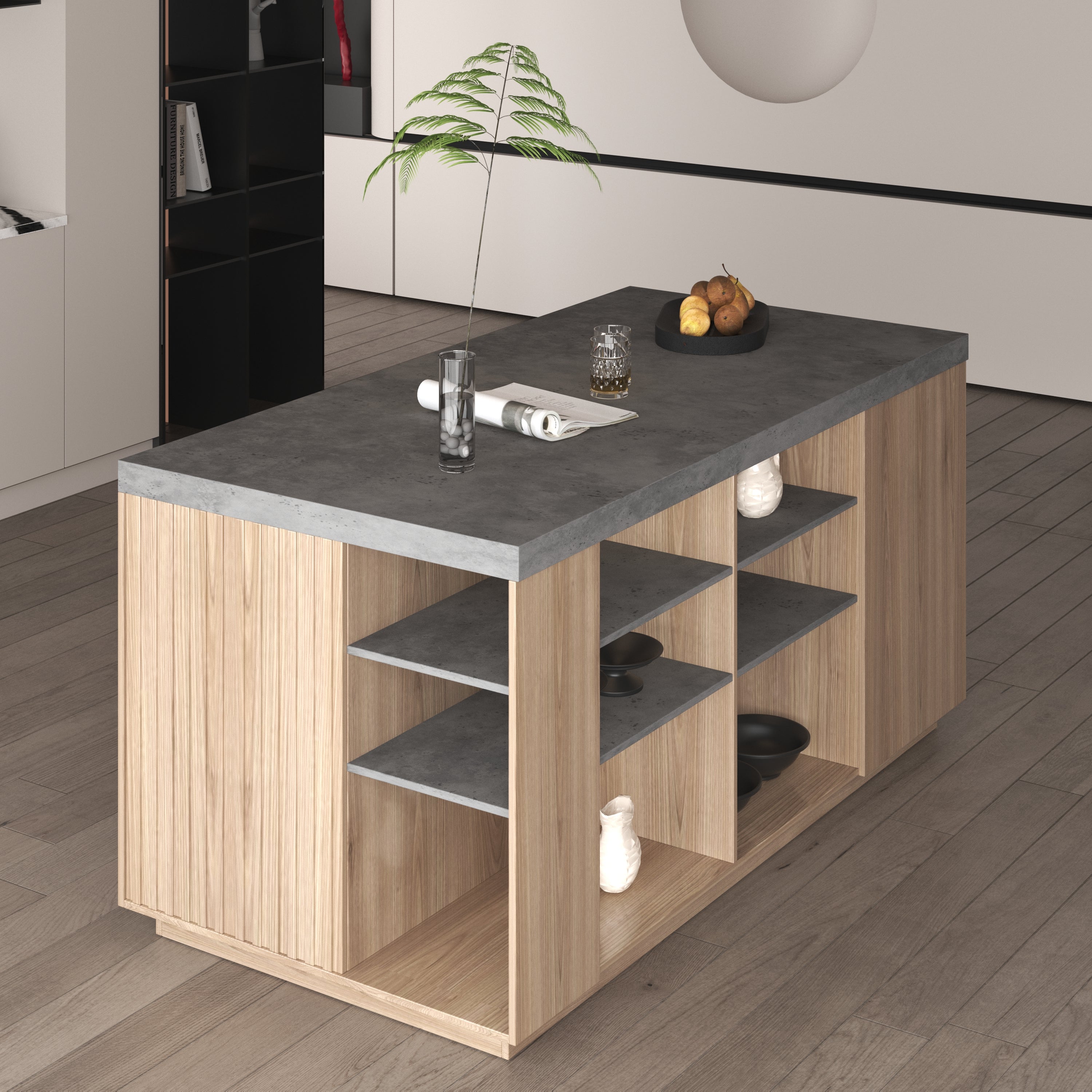 72 Inch Free Standing Kitchen Island with Gray Cement and Wood Finish, Featuring Three tiers and Generous Storage Space