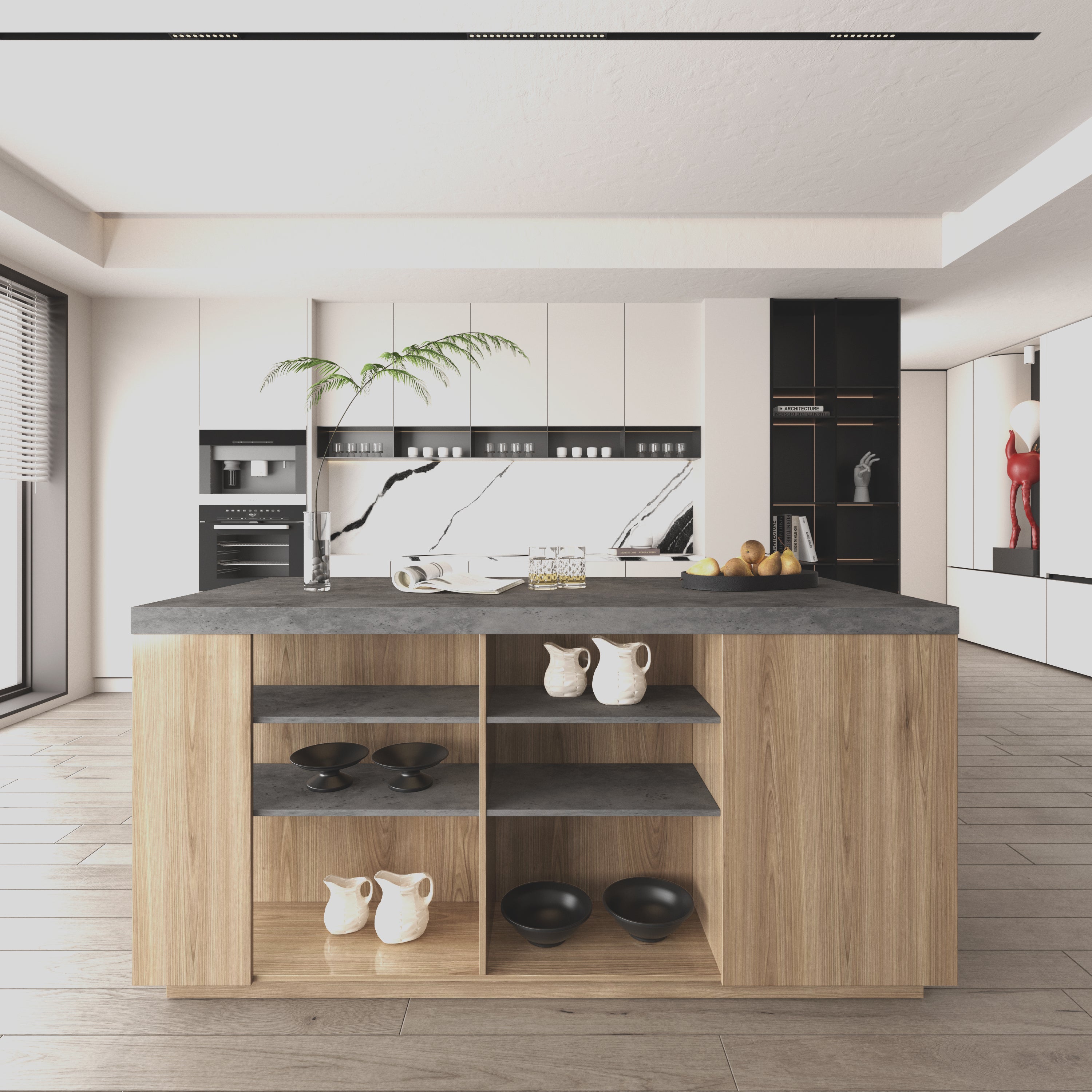 72 Inch Free Standing Kitchen Island with Gray Cement and Wood Finish, Featuring Three tiers and Generous Storage Space