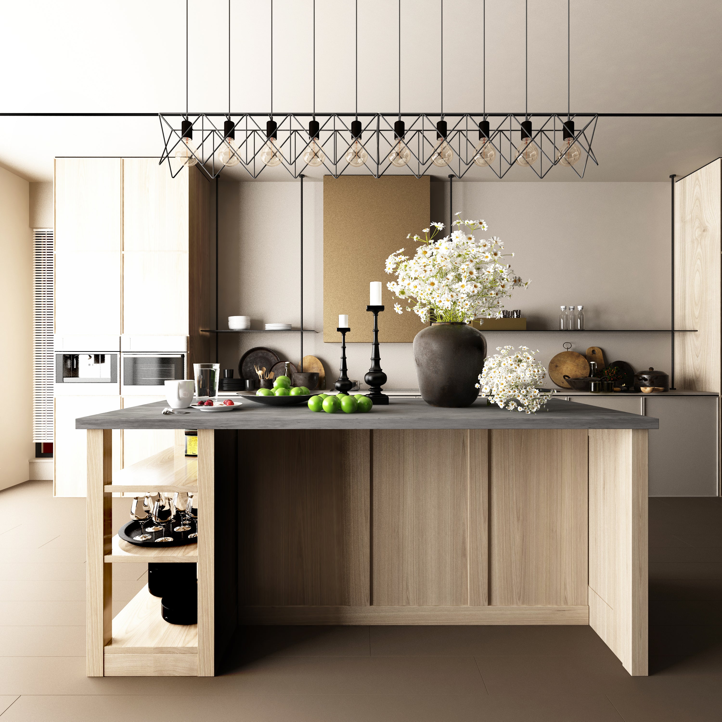 80 Inch Large Kitchen Island with Storage and Shelves, Featuring a Cement Gray Top and Rustic Wood Finish