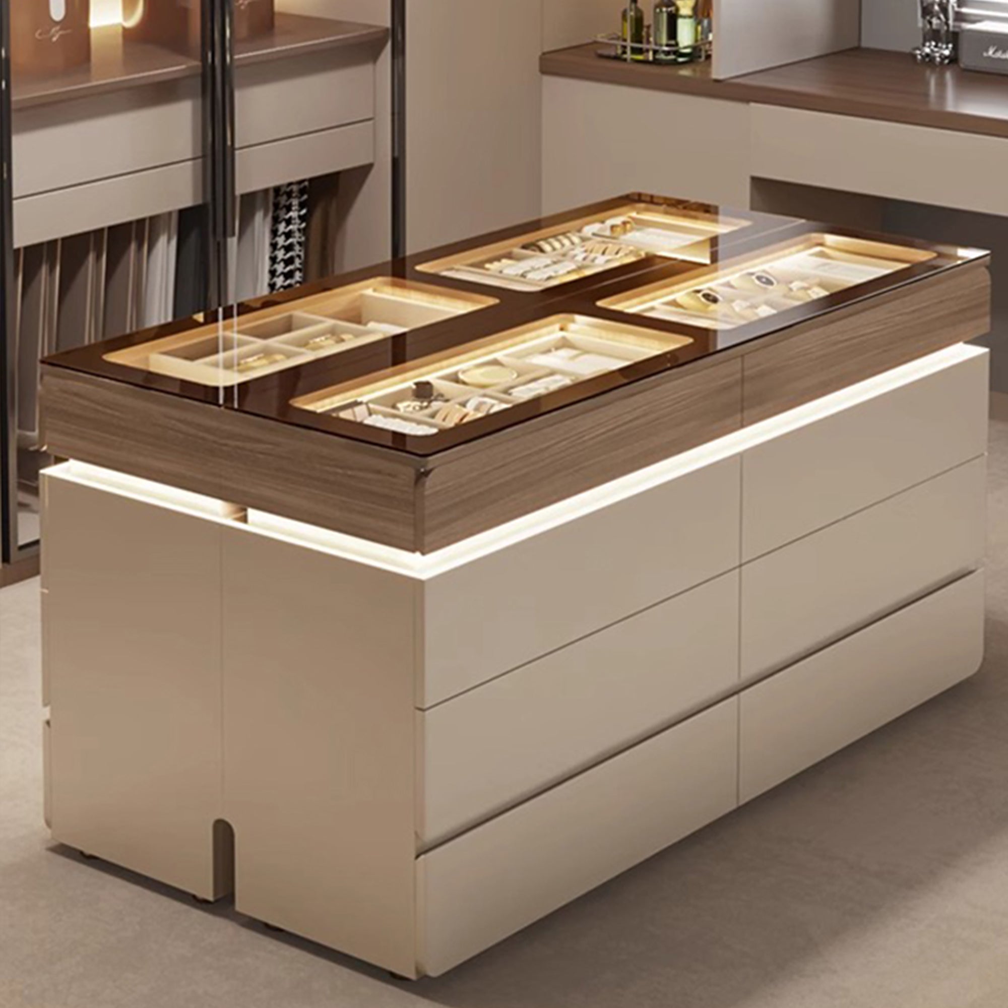 47”-55"W Modern & Luxury Walk-in Closet Dresser – 6 Drawers & Jewelry Display with LED Sensor Light, Tempered Glass Top, Walnut Finish, Multiple Sizes