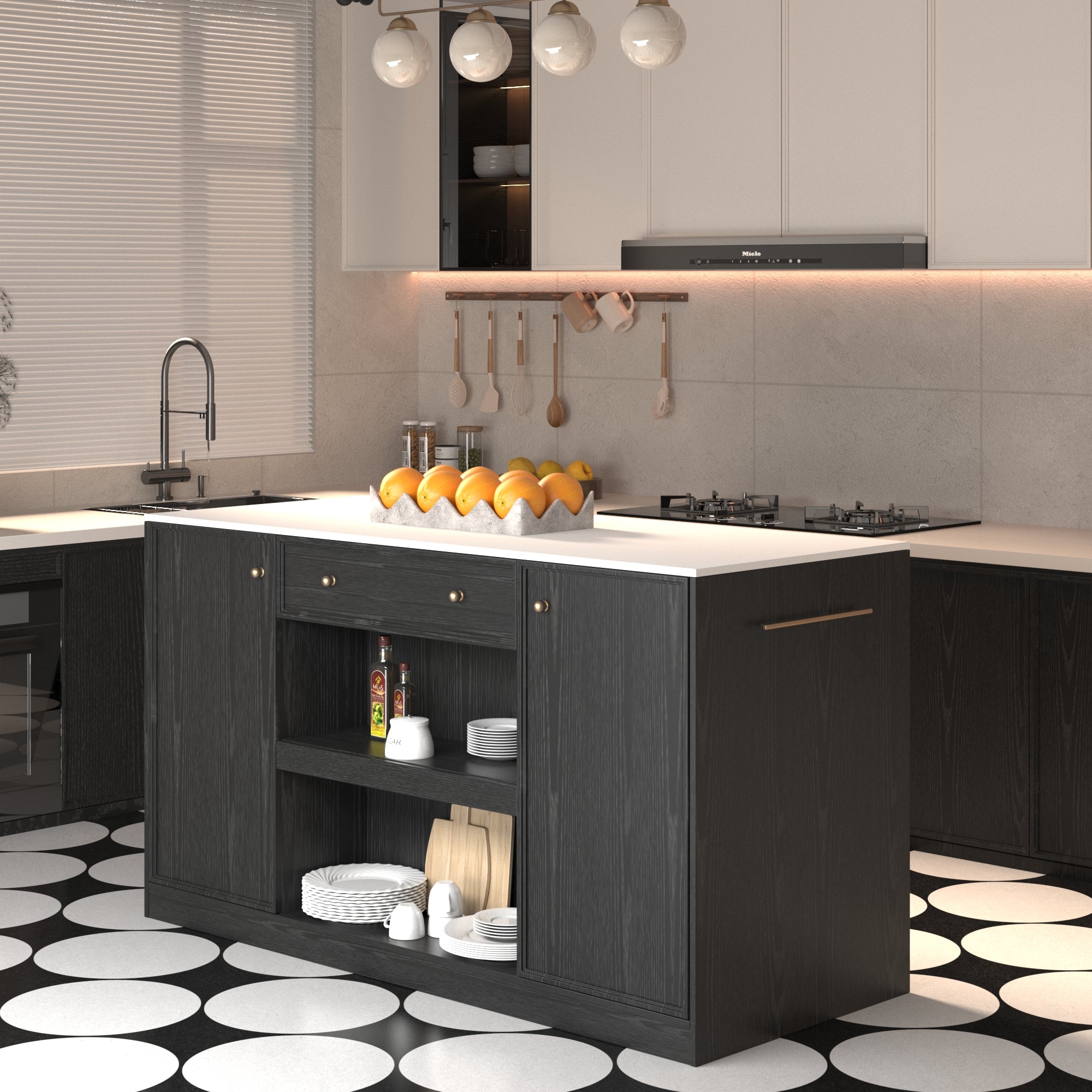 64"Mid-Century Style Kitchen Island with Sintered Stone Top