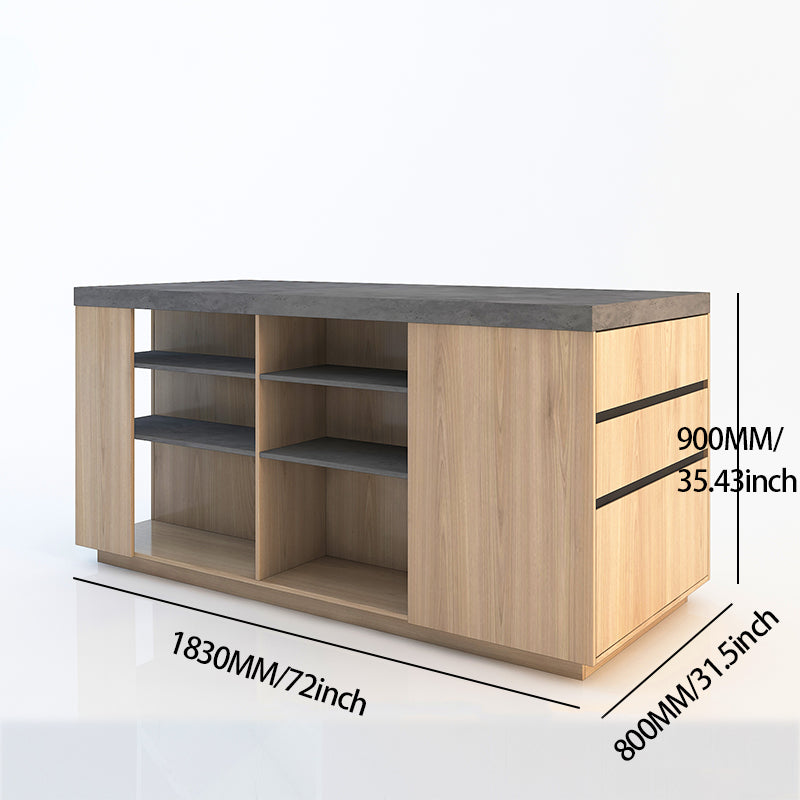 72 Inch Free Standing Kitchen Island with Gray Cement and Wood Finish, Featuring Three tiers and Generous Storage Space