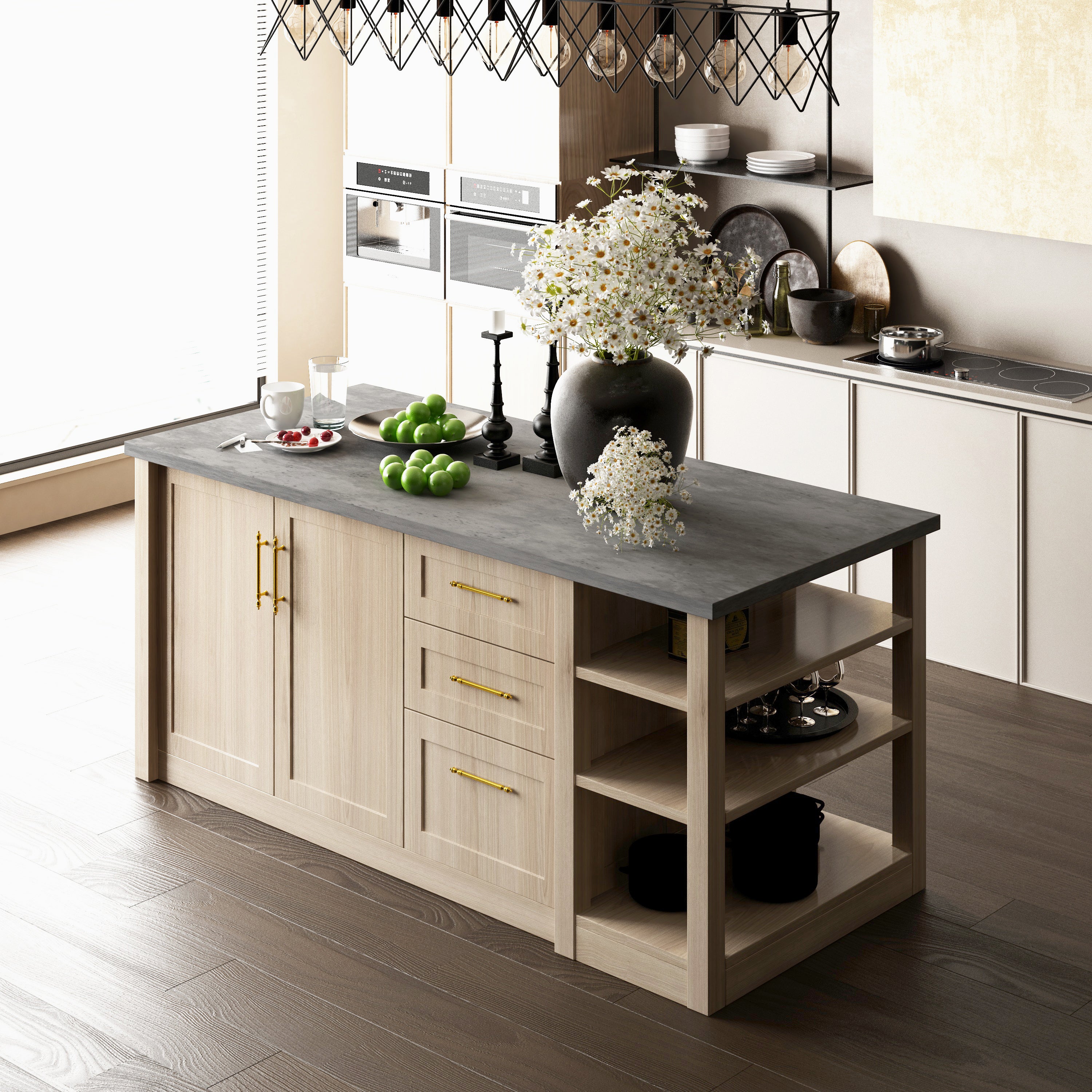 80 Inch Large Kitchen Island with Storage and Shelves, Featuring a Cement Gray Top and Rustic Wood Finish