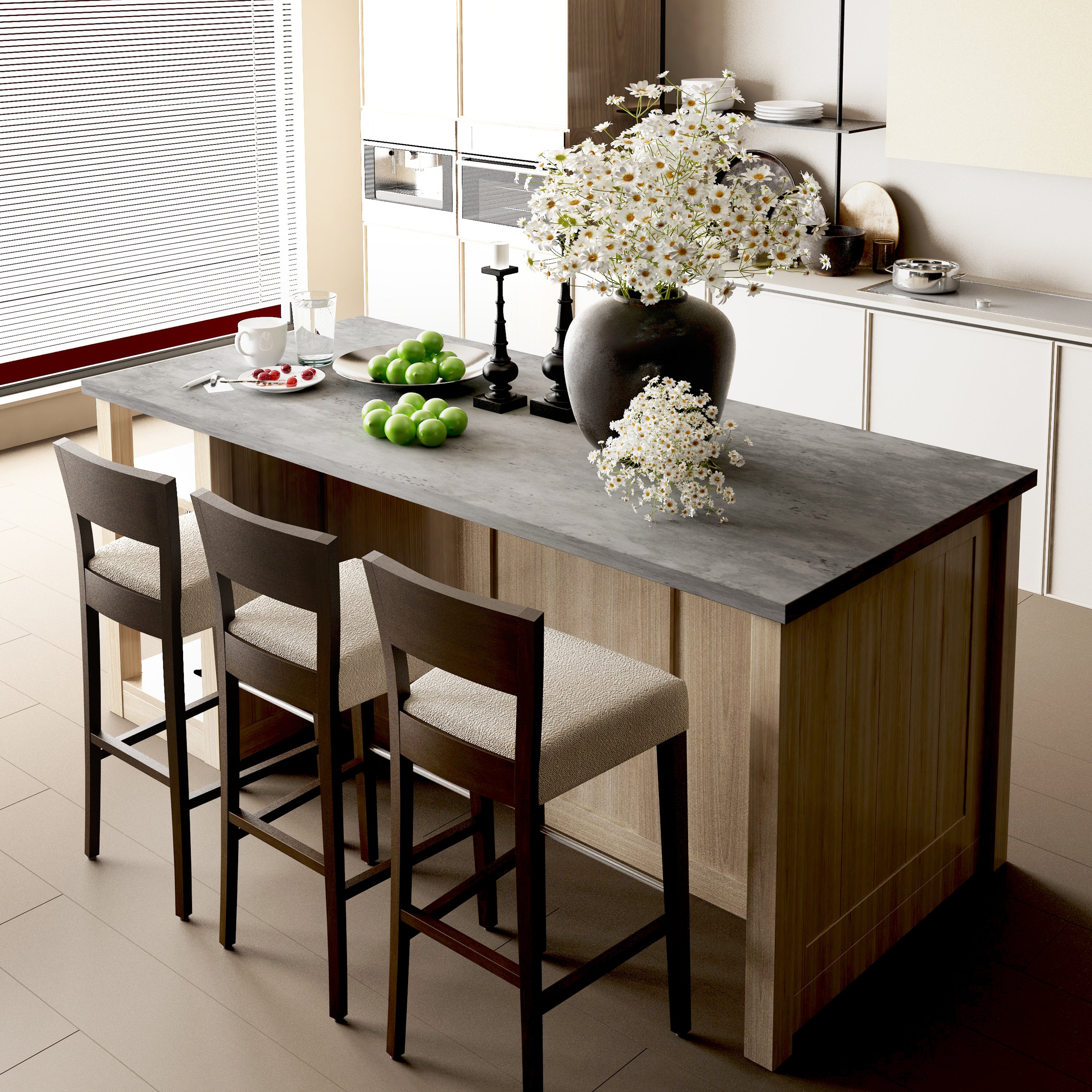 80 Inch Large Kitchen Island with Storage and Shelves, Featuring a Cement Gray Top and Rustic Wood Finish
