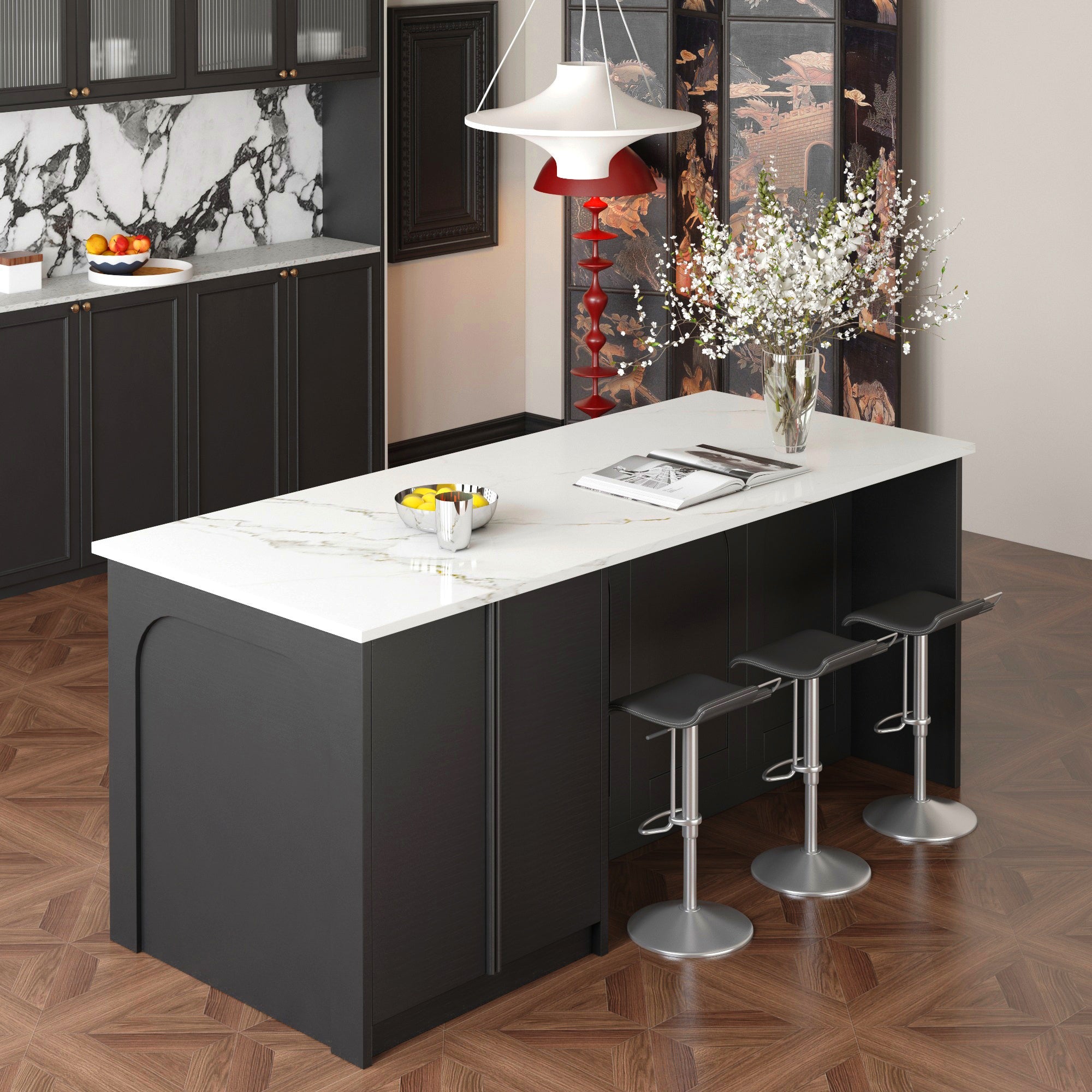 80 inch Large kitchen island with microwave shelf，For French and luxury spaces.