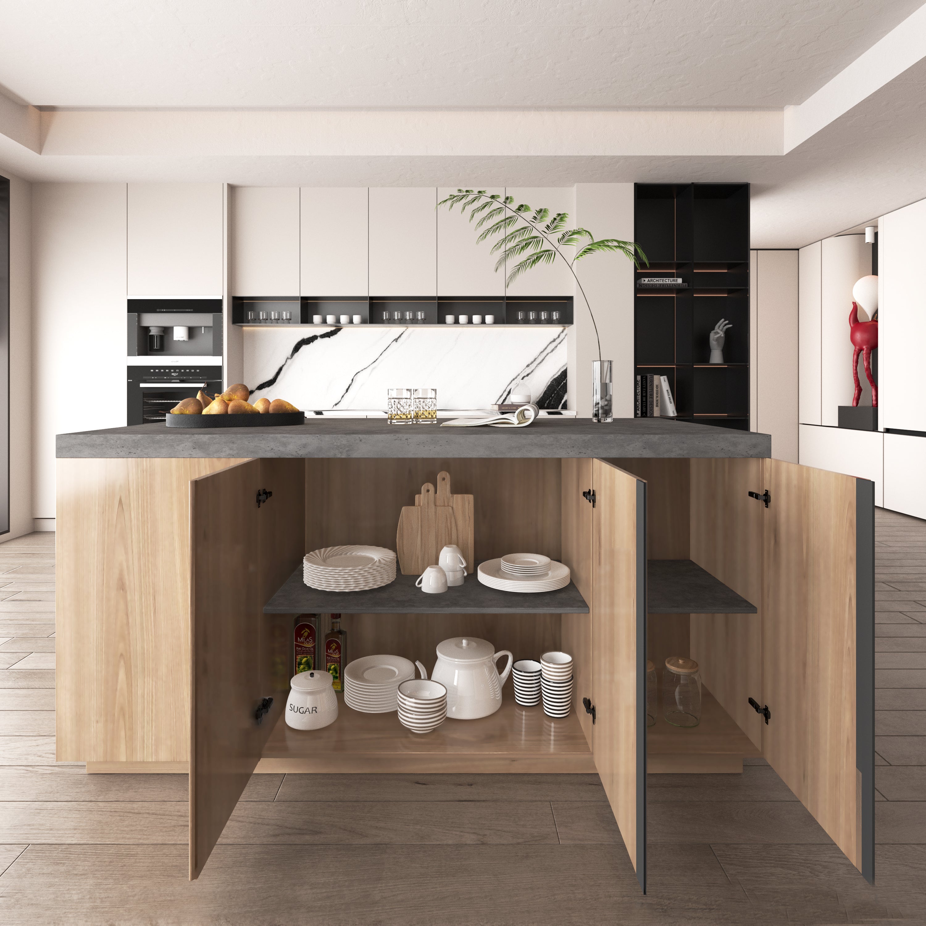 72 Inch Free Standing Kitchen Island with Gray Cement and Wood Finish, Featuring Three tiers and Generous Storage Space