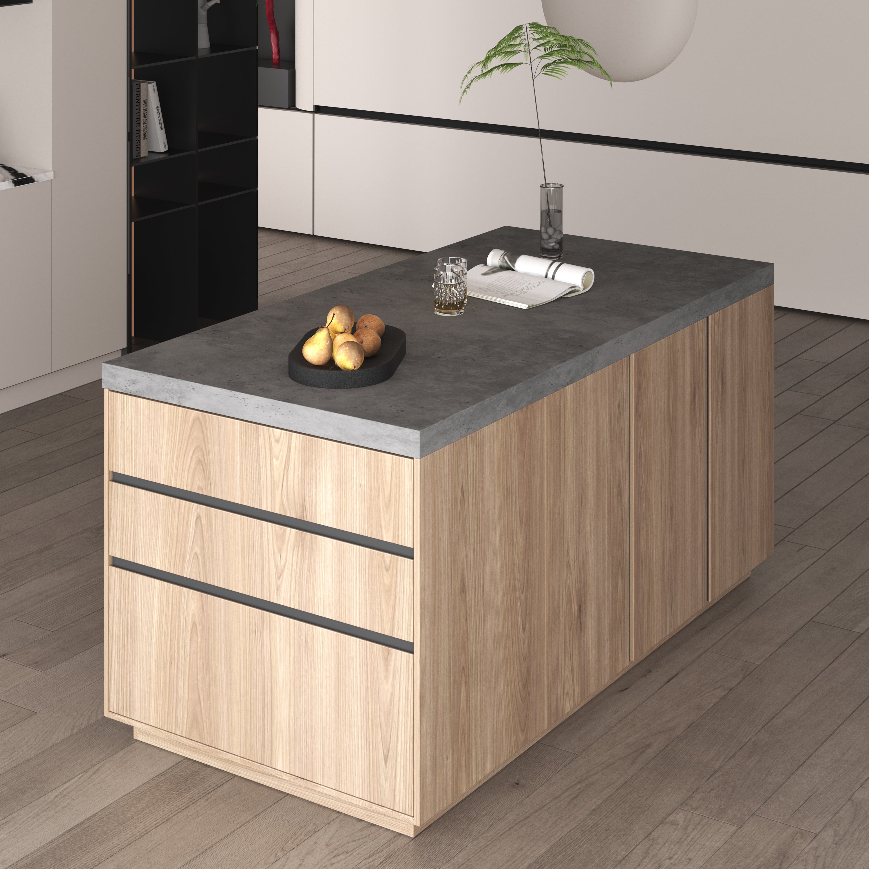 72 Inch Free Standing Kitchen Island with Gray Cement and Wood Finish, Featuring Three tiers and Generous Storage Space