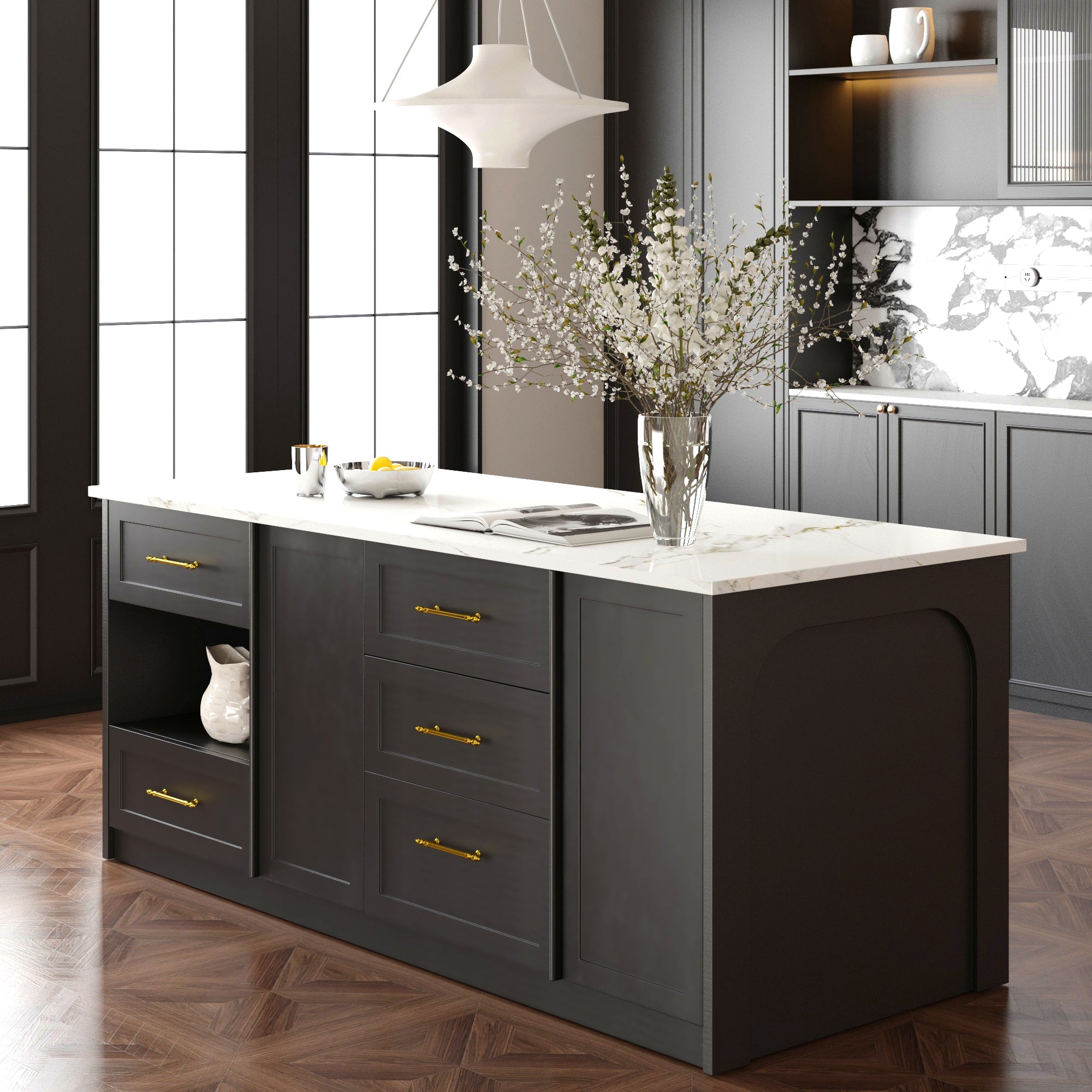 80 inch Large kitchen island with microwave shelf，For French and luxury spaces.