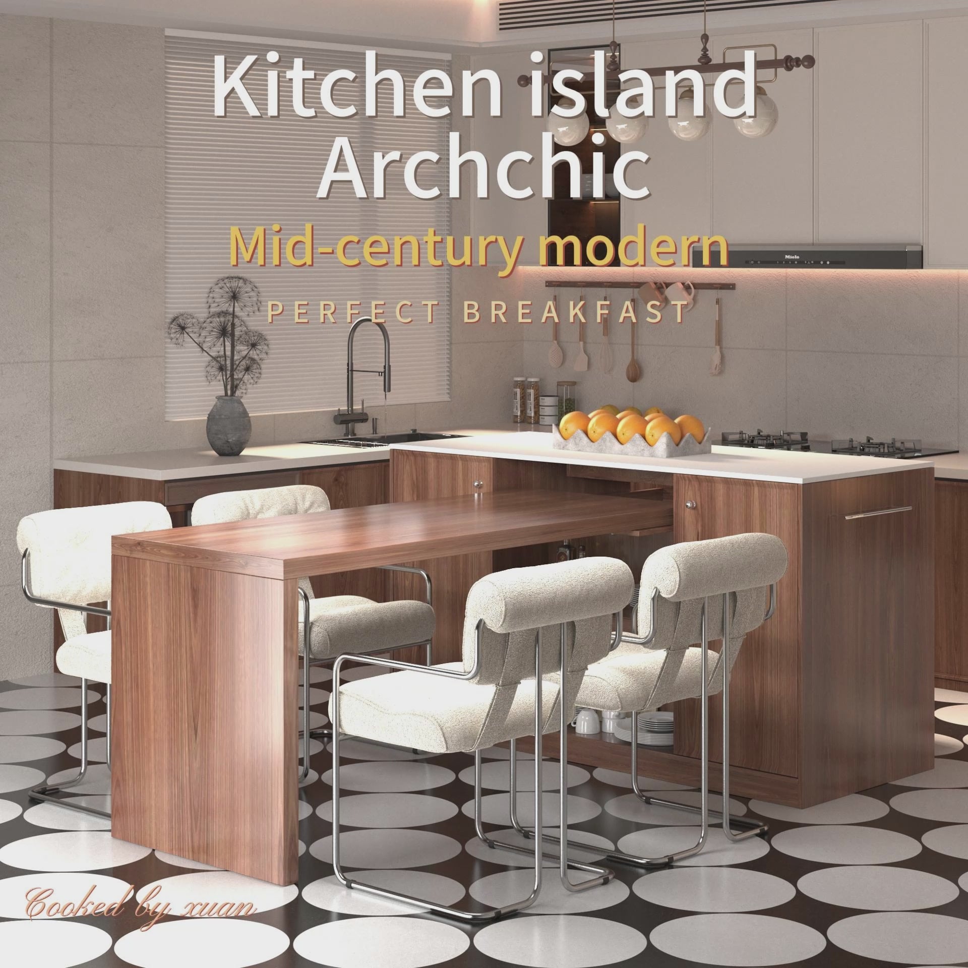 64"Mid-Century Style Kitchen Island with Sintered Stone Top