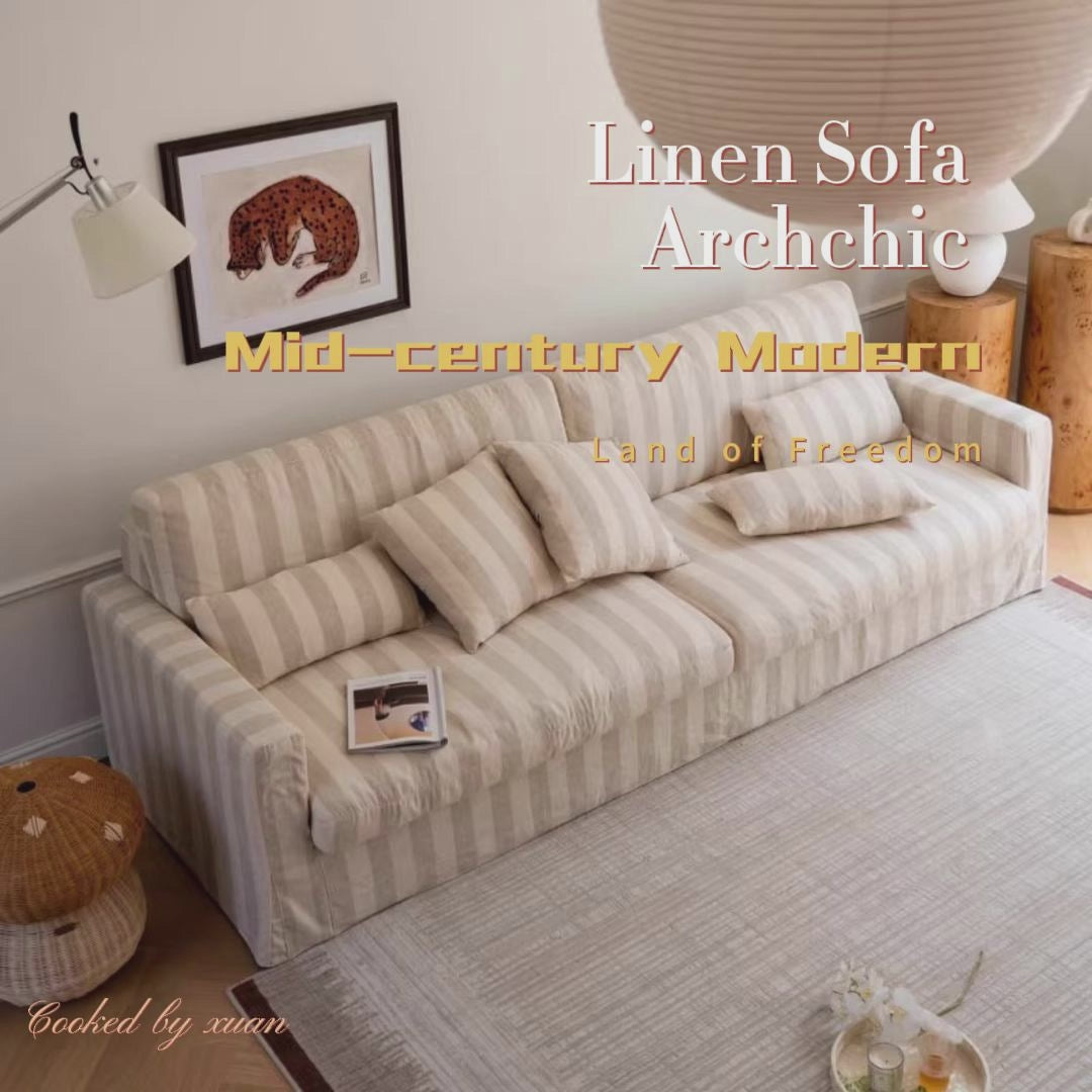 Mid-Century Modern 3-Seater Sofa – Deep Seat, Linen Upholstery, Tool-Free Assembly