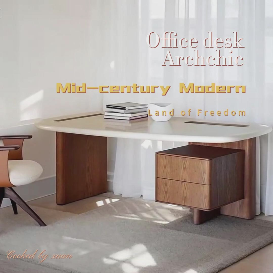 Mid-Century Modern Walnut Desk – Rounded Edge Writing Table with Drawers for Home Office